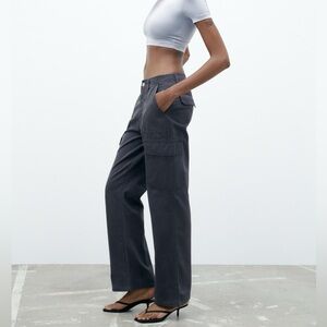 Zara High Rise TRF Straight Leg Cargo Pants in Ink Blue - Size 4